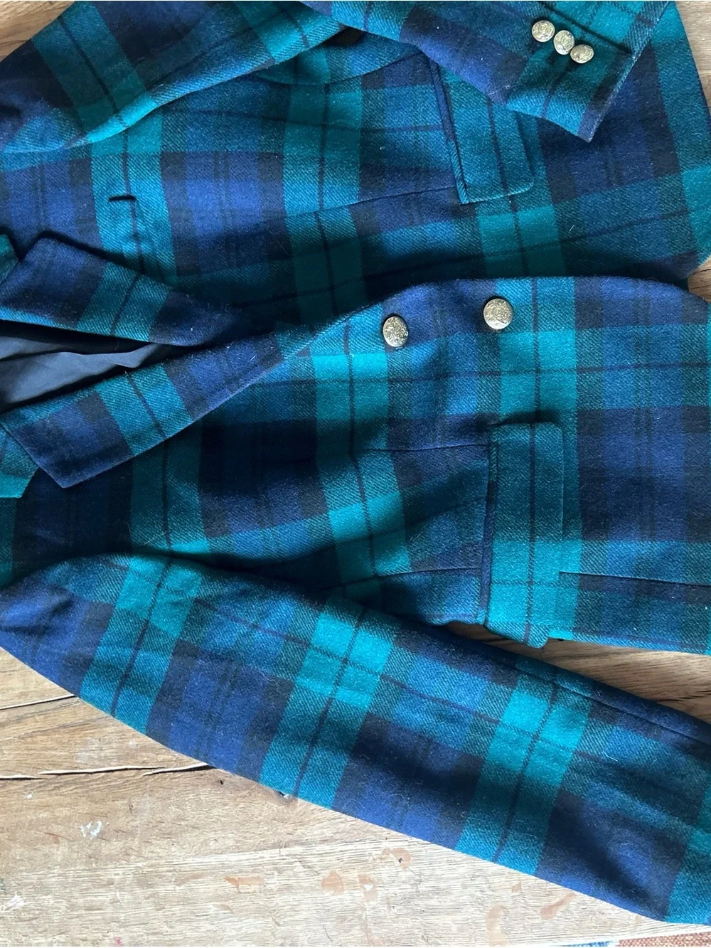 J. Crew equestrian Polo Blue Plaid Double-Breasted suit Blazer gold buttons S 6